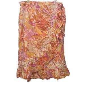C&C California Skirt Size XL Tropical Floral Wrap Ruffle Hem Cotton Embroidered